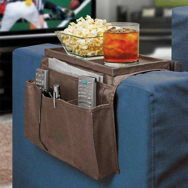 Sofa Armrest Organiser with Cup Holder Tray, 6 Pockets, TV Remote Control Organizer, Sofa Couch Armchair Caddy Organiser, Tidy Pocket Hanging Storage Bag Holder for Cellphone, Magazine, Drinks, Snacks