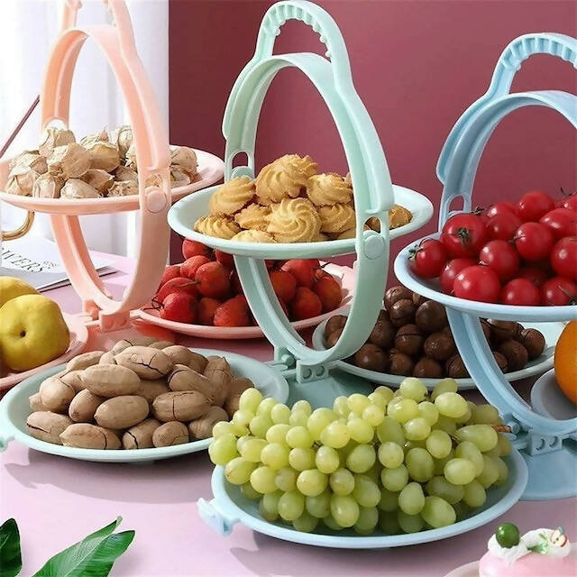 Foldable Rotating Dessert Fruit Plate Stand Tray, Fruit Stand Plastic Fruit Bowl, Multilayer Rotating Folding Fruit Tray, Dried Fruit Basket